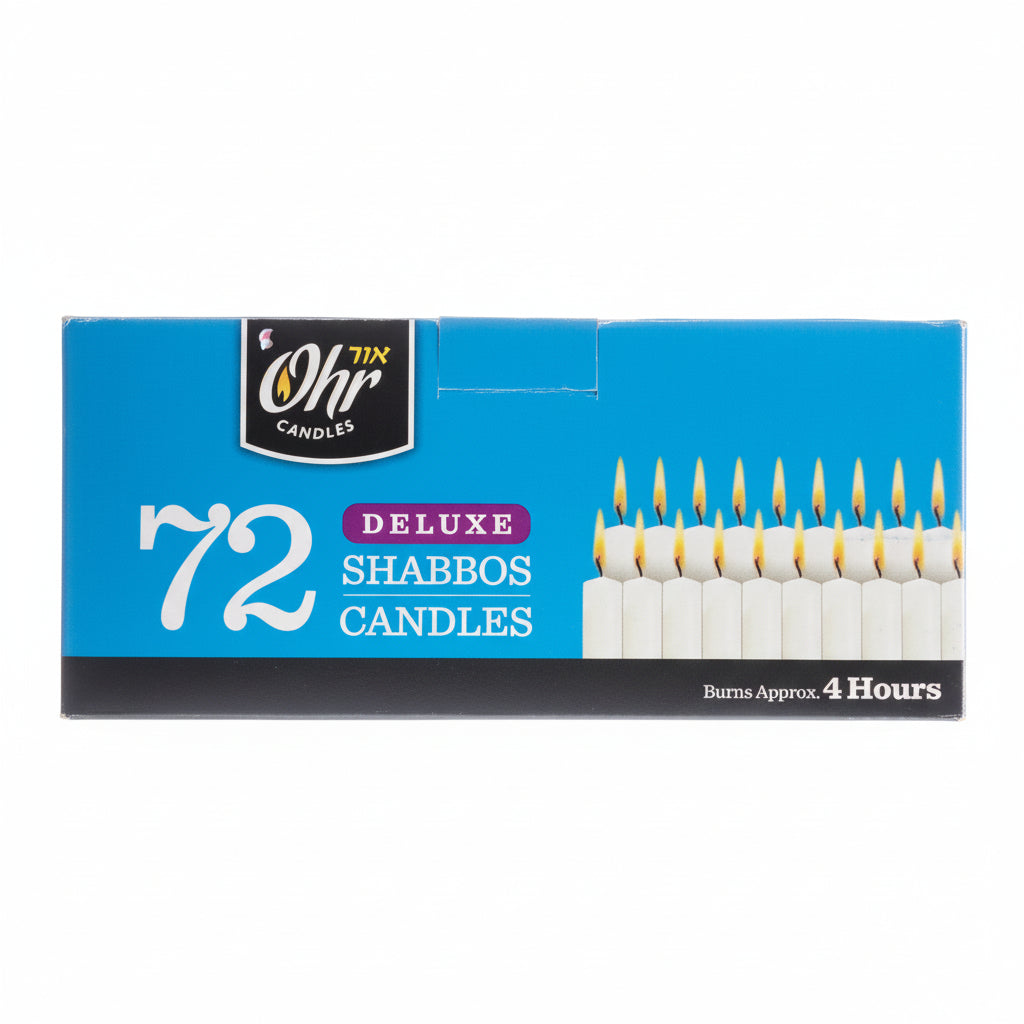 Box of 72 deluxe Shabbos candles with Ohr Chaim branding on a white background