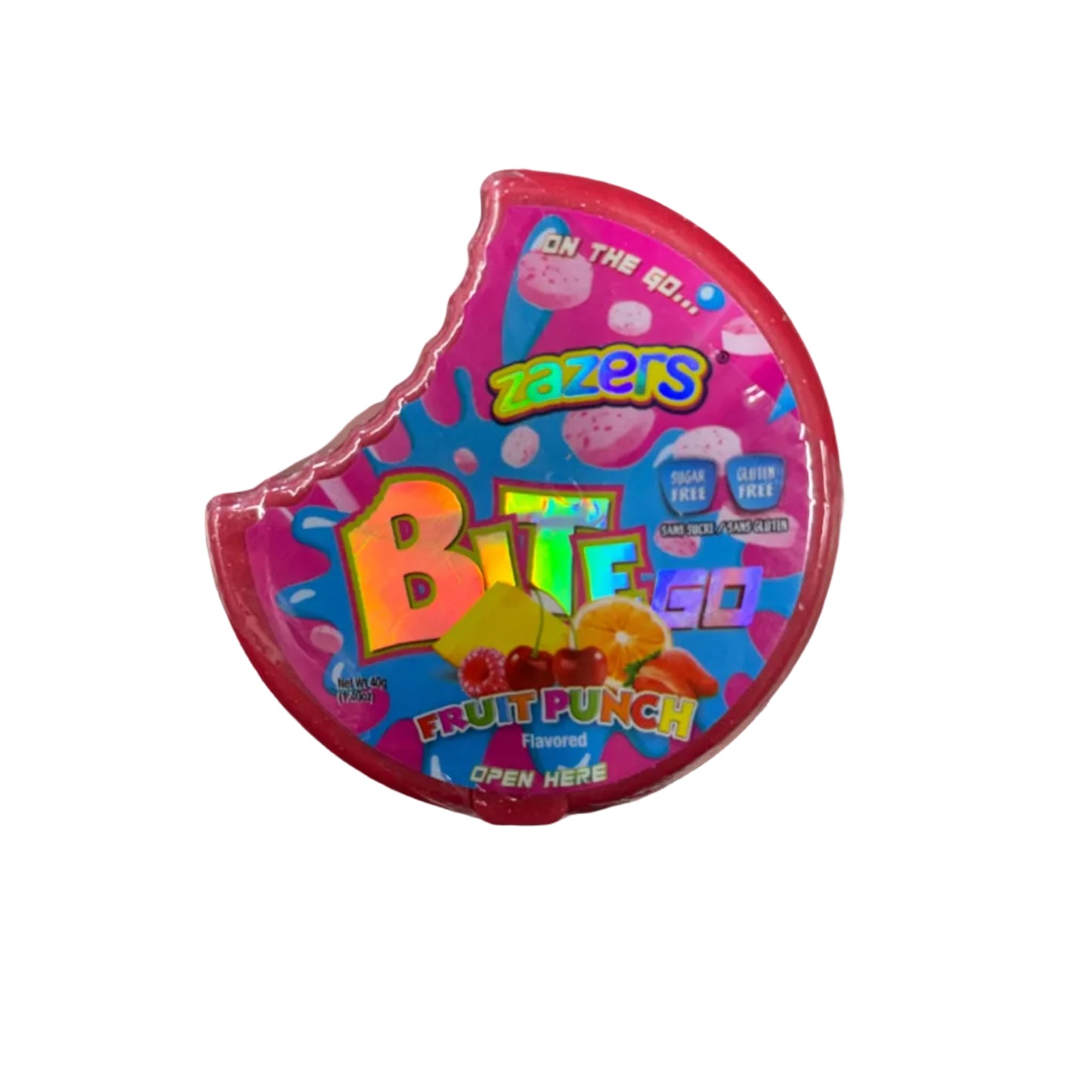 Colorful candy container with 'Fruit Punch' flavor 