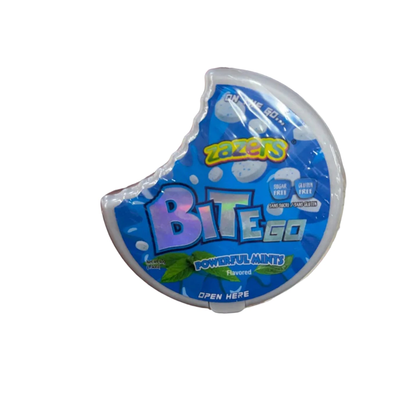  blue and white container of bubble gum 