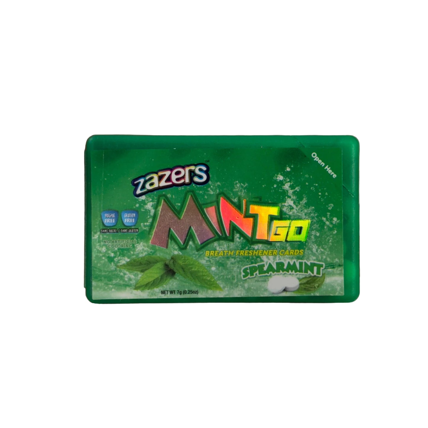  green package of Zazzer's Mint Go Spearmint breath freshener cards 