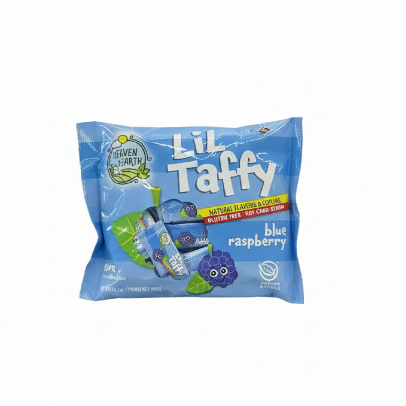 Package of Lil Taffy blue raspberry candy with 'Heaven on Earth' branding.