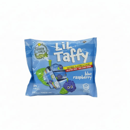 Package of Lil Taffy blue raspberry candy with 'Heaven on Earth' branding.