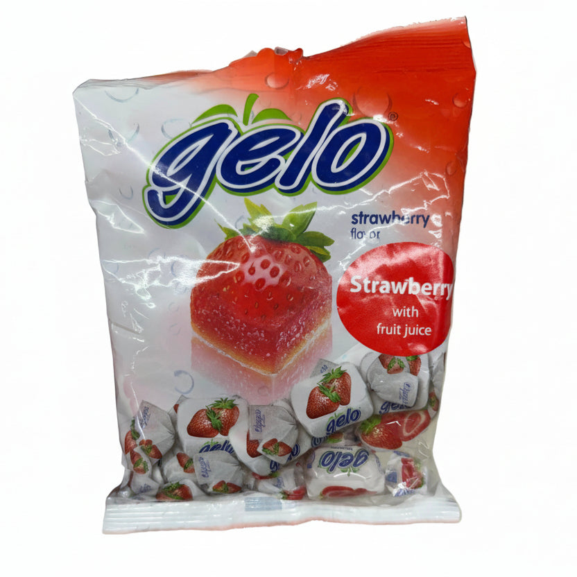 Packaged strawberry-flavored gelo dessert 