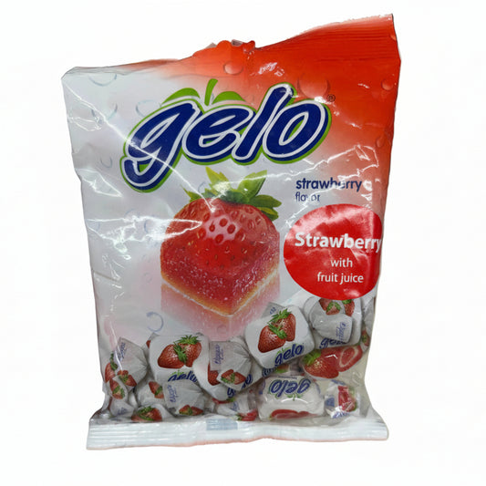 Packaged strawberry-flavored gelo dessert 