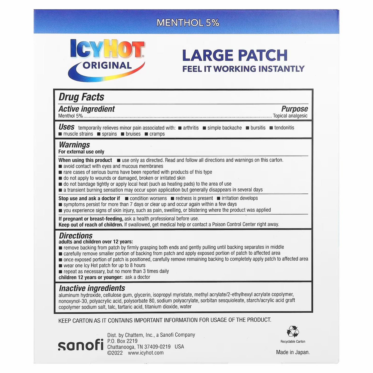 Icy Hot Original Pain Relief Patch 5 Count 3-15/16” x 7-13/16”