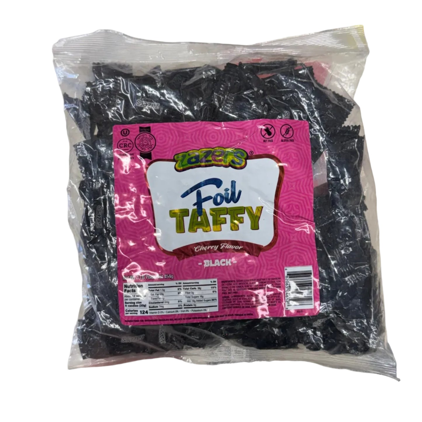 Packaged black taffy with pink label on a light surface