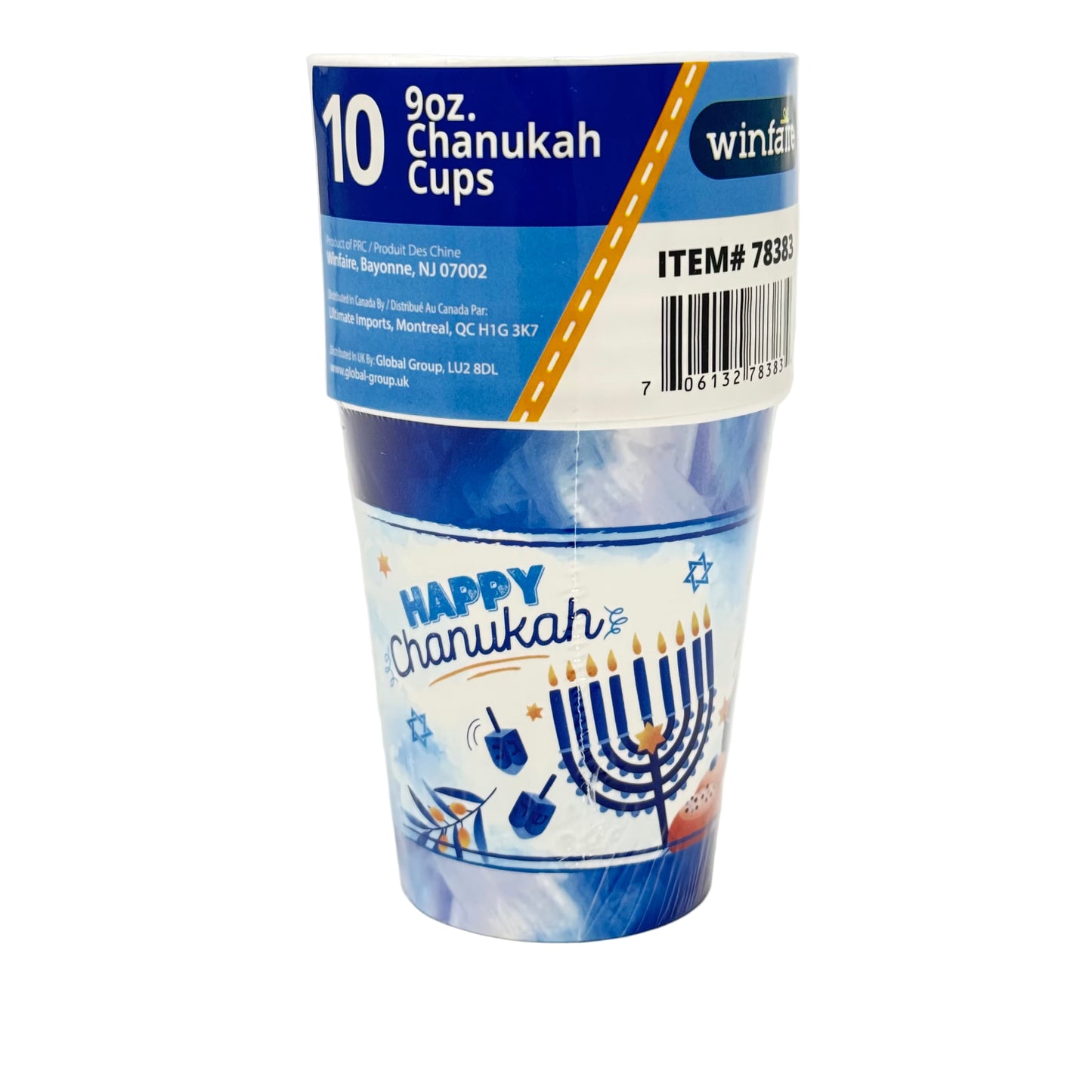 Packaging of Happy Hanukkah cups with blue and white design on a white background