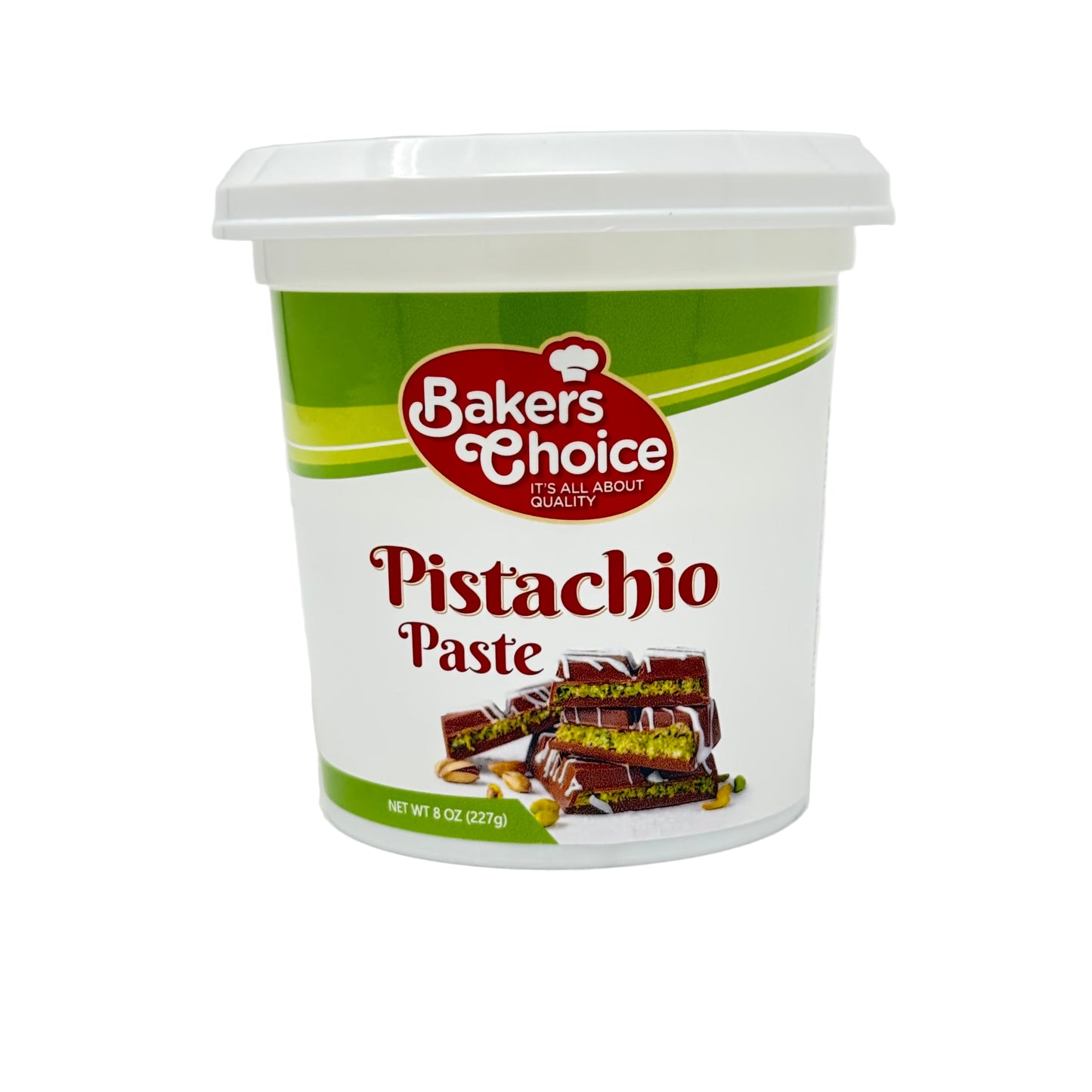 Container of Bakers Choice Pistachio Paste on a white background