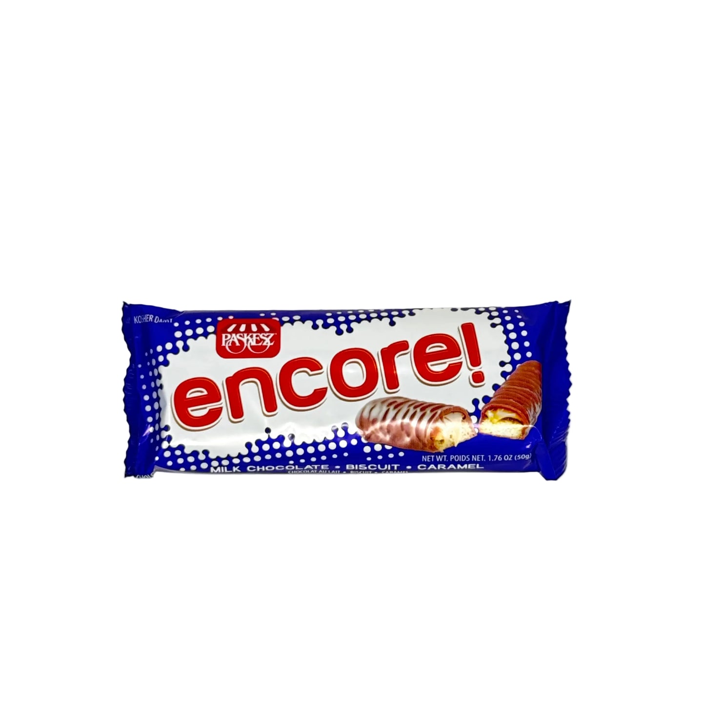 Bar of chocolate with 'encore!' packaging on a white background