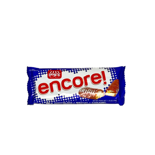 Bar of chocolate with 'encore!' packaging on a white background