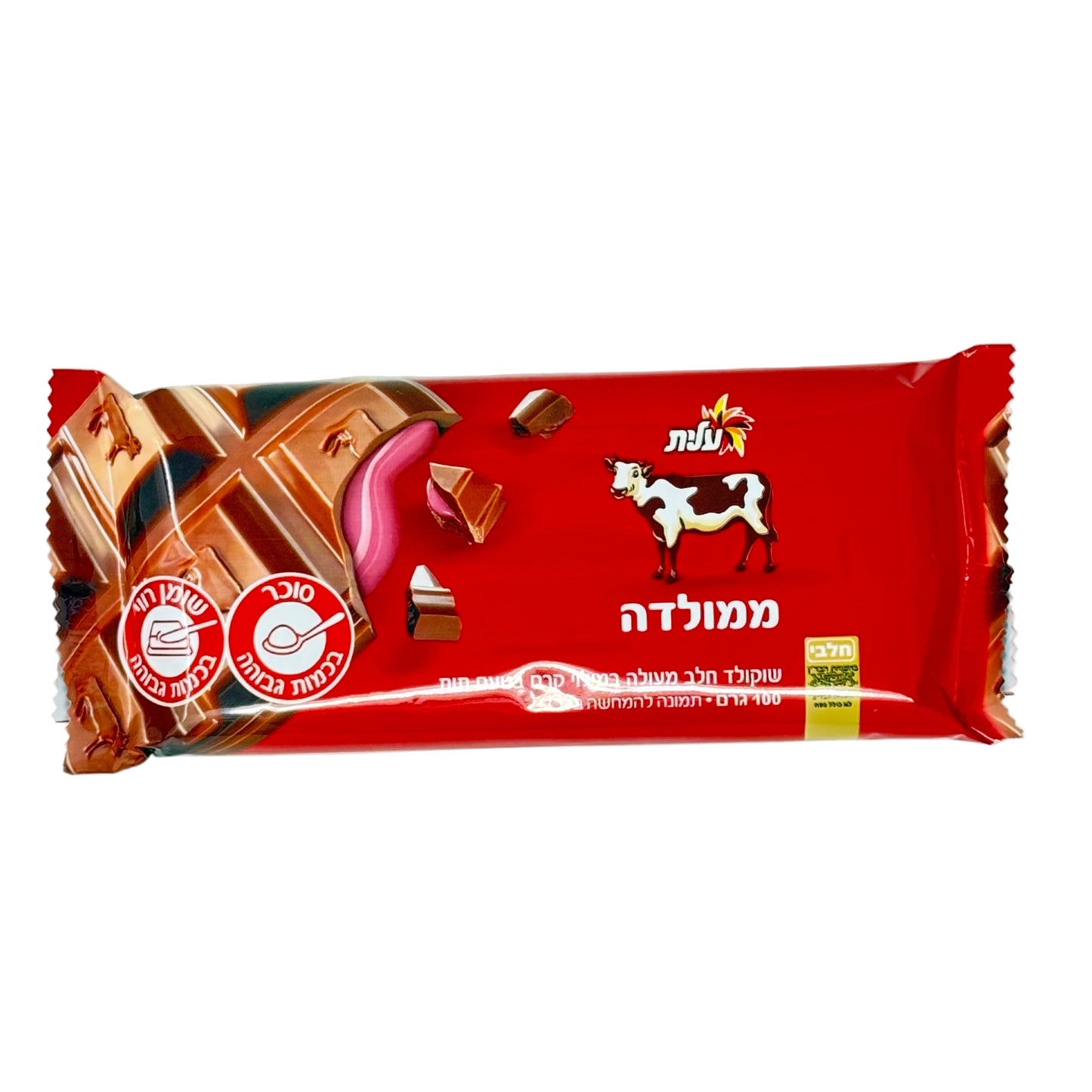 Red chocolate bar packaging with a cow logo on a white background
