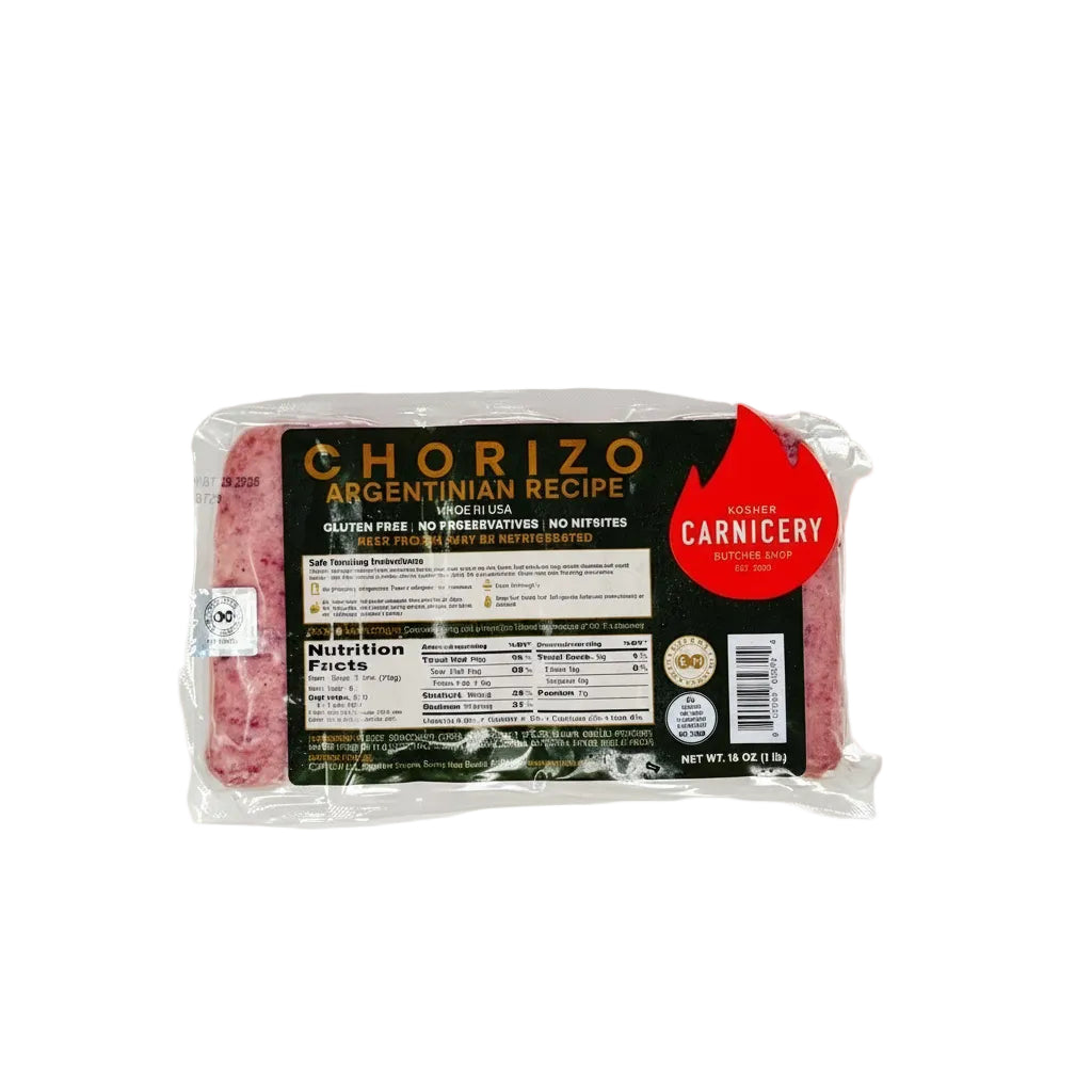 Packaged chorizo with 'Carnicery' label on a white background