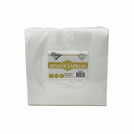 Pack of white dinner napkins with a decorative label on a white background