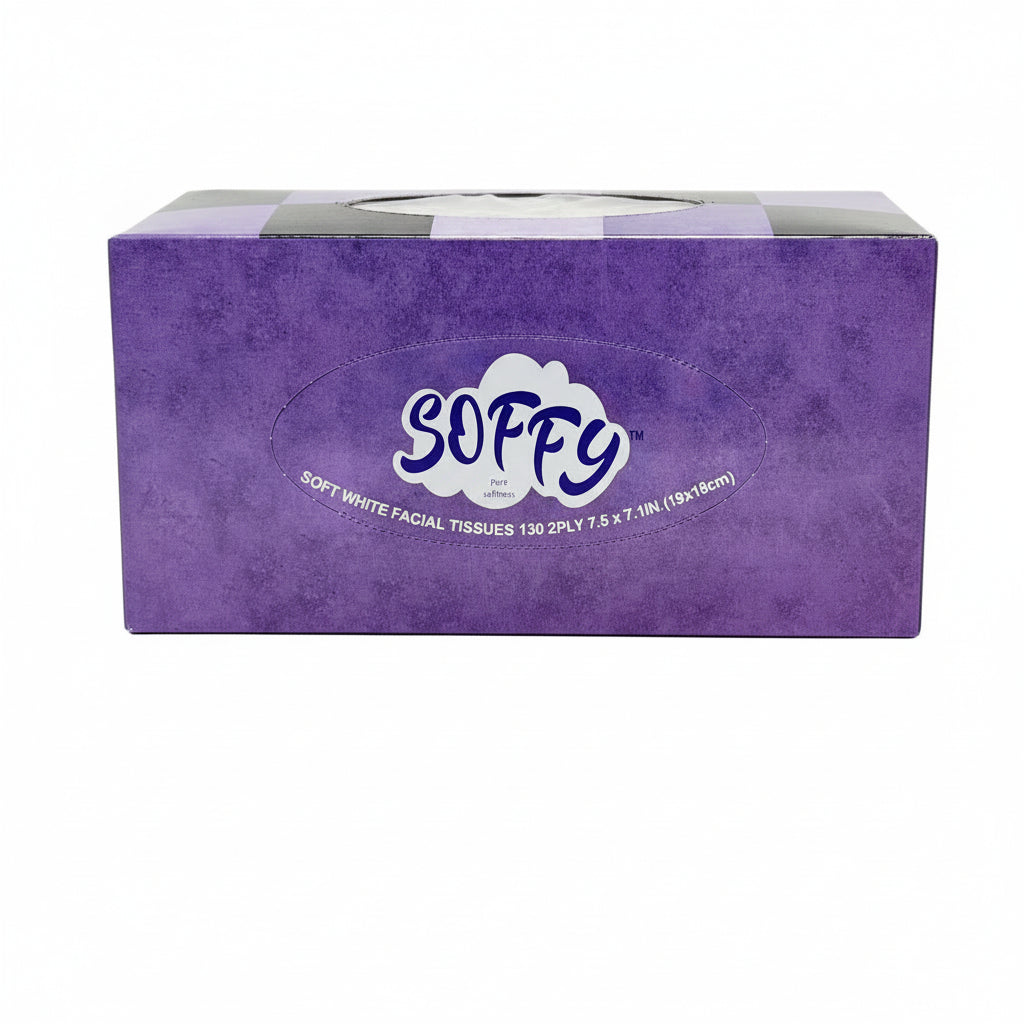 Purple box of SOFFY facial tissues on a white background