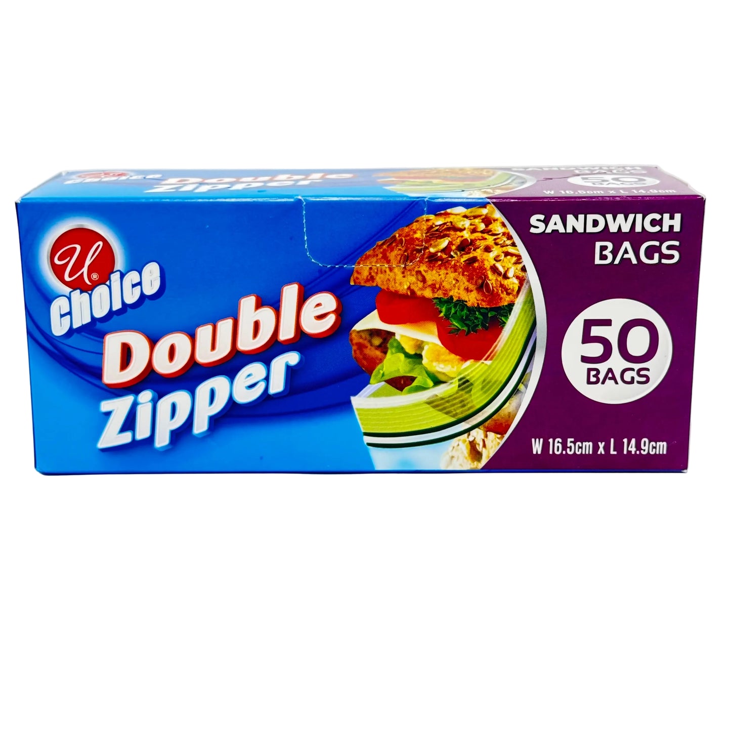 Box of U Choice Double Zipper sandwich bags on a white background