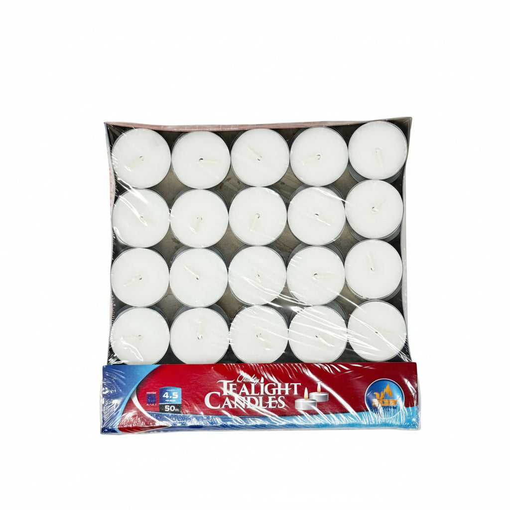 Pack of white tea light candles with a visible brand label on a white background