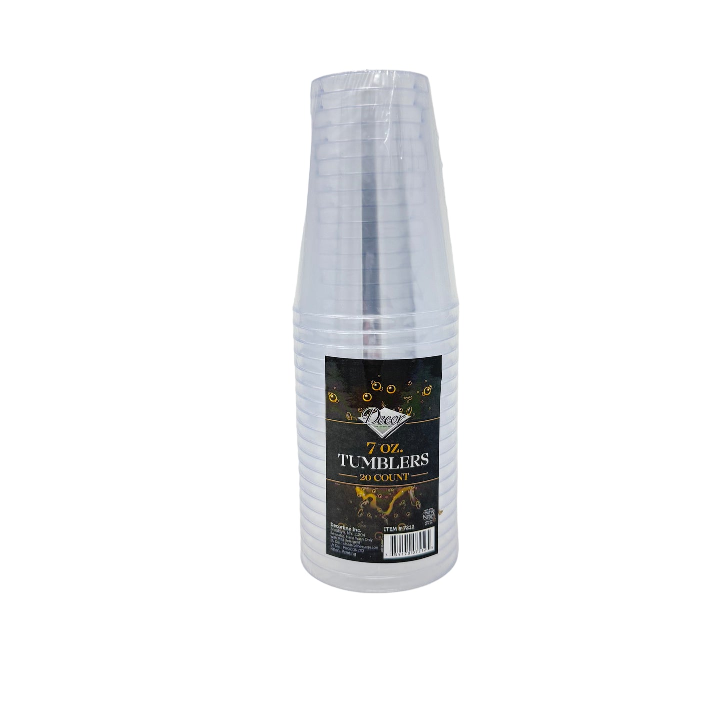 Stack of clear plastic tumblers with a black label on a white background