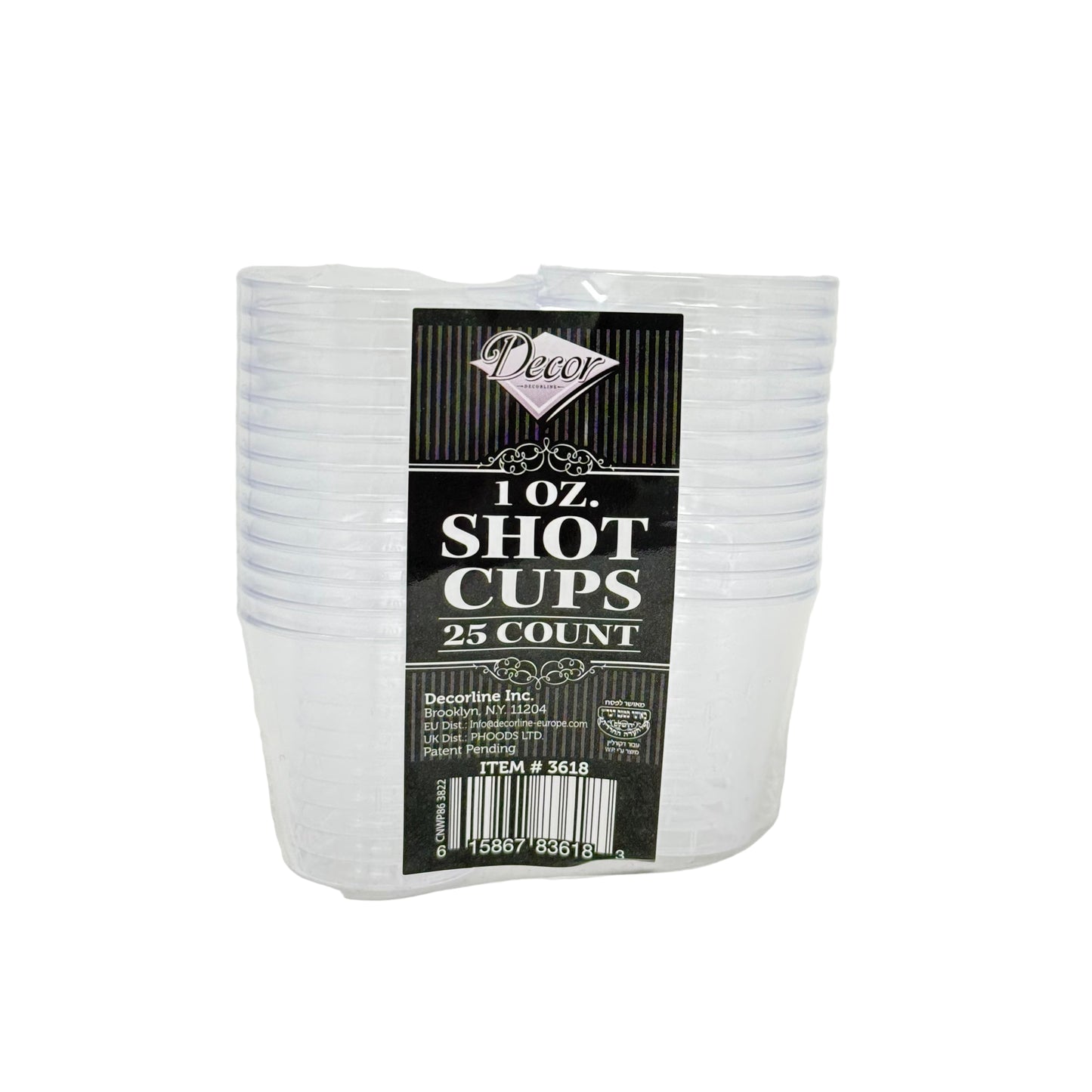 Pack of 25 shot cups with a decorative label on a white background