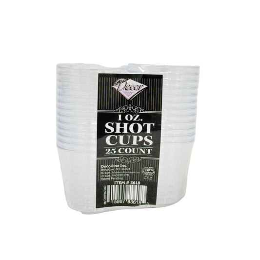 Pack of 25 shot cups with a decorative label on a white background