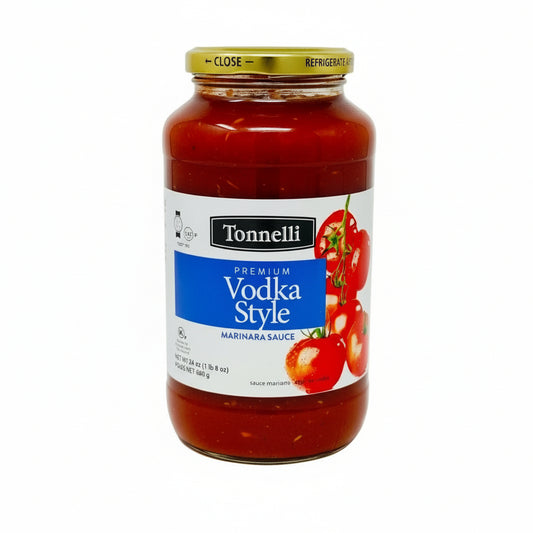 Jar of Tonnelli Vodka Style Marinara Sauce on a white background