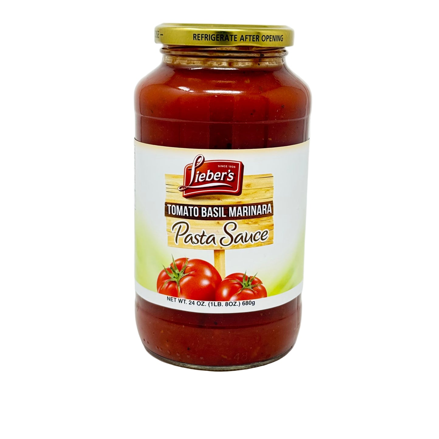 Jar of Lieber's Tomato Basil Marinara Pasta Sauce on a white background