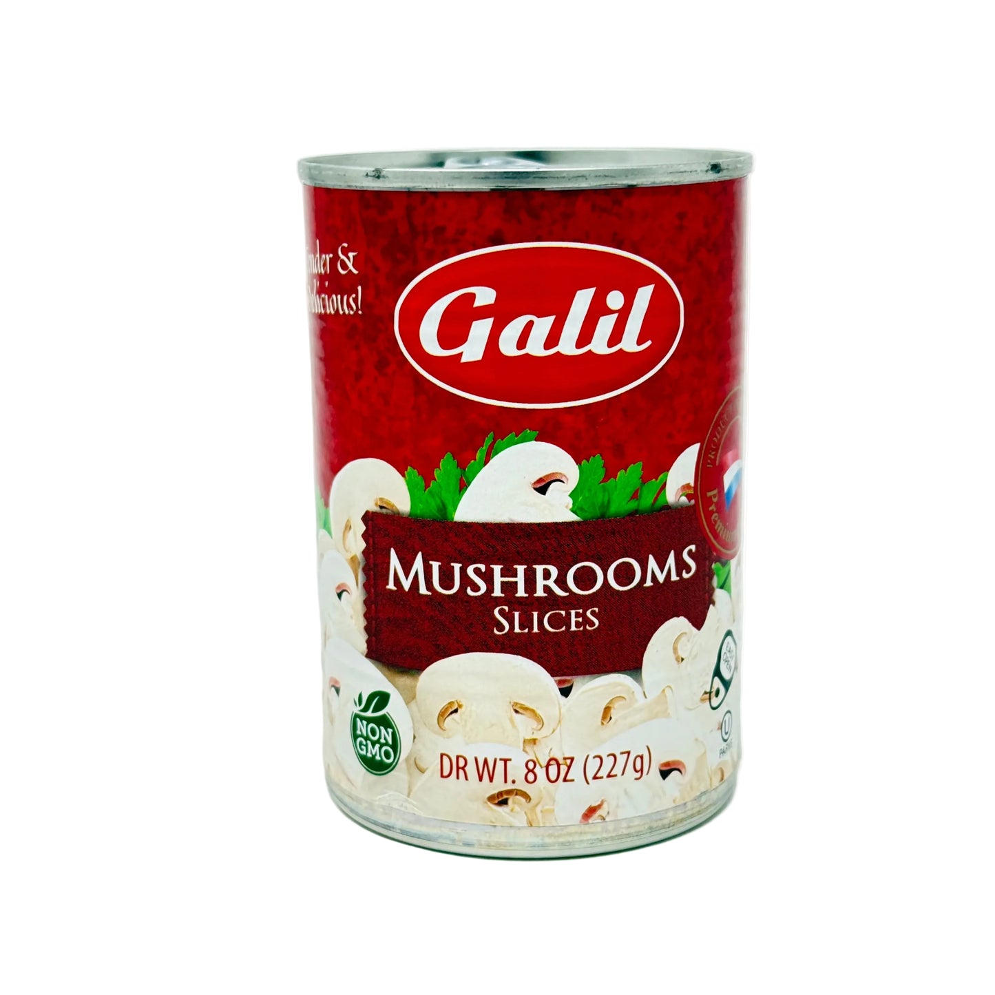 Can of Galil mushrooms slices on a white background