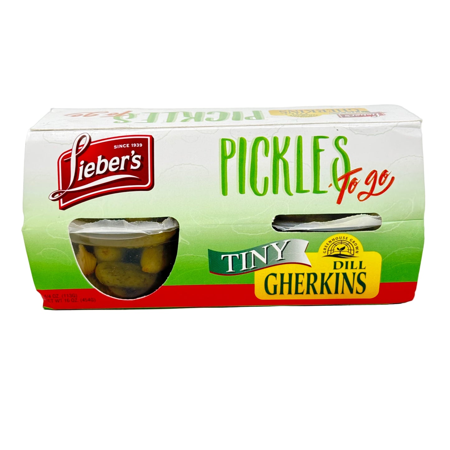 Box of Lieber's Tiny Dill Gherkins pickles on a white background