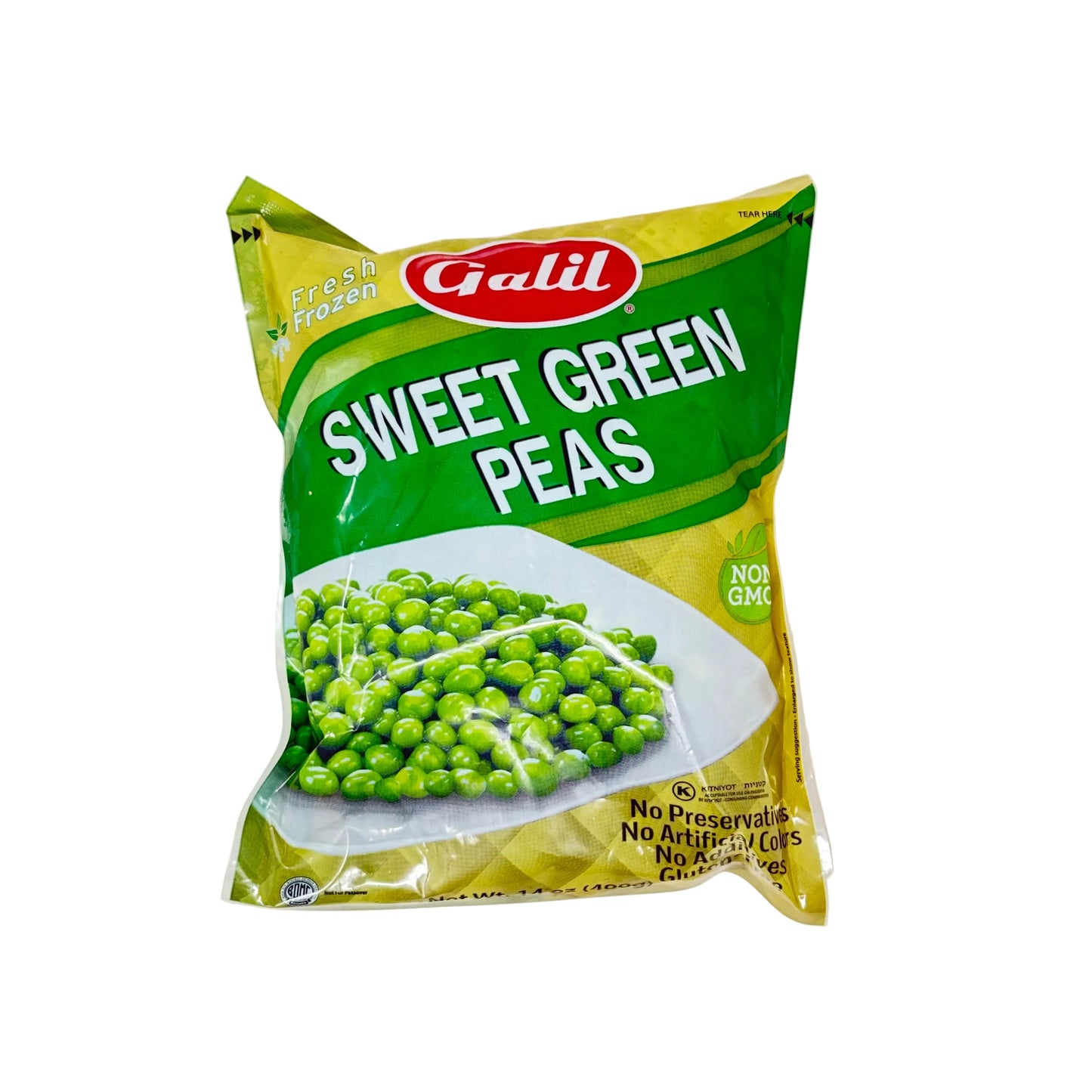 Bag of Galil sweet green peas on a white background