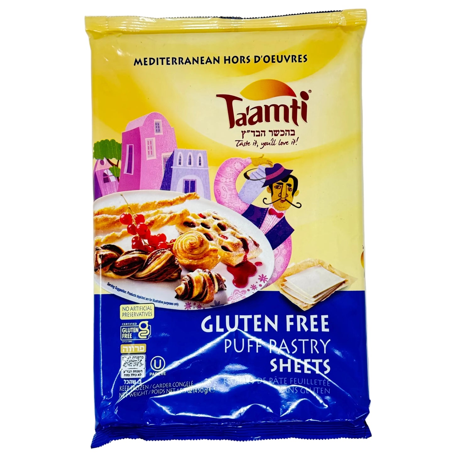 Taami gluten-free puff pastry sheets packaging on a white background