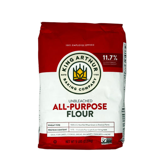 Bag of King Arthur Baking Company all-purpose flour on a white background