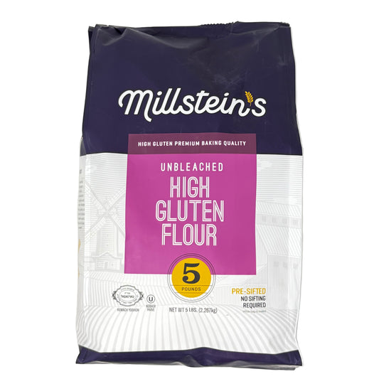Bag of Millstein's high gluten flour on a white background