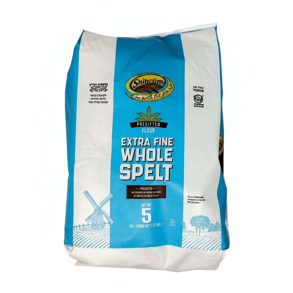 Bag of Shibley Extra Fine Whole Spelt flour on a white background