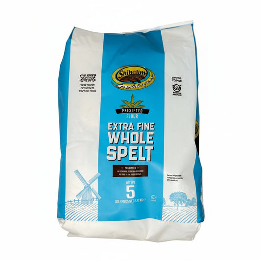 Bag of Shibley Extra Fine Whole Spelt flour on a white background