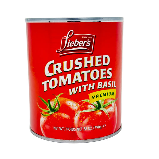 Can of Lieber's Crushed Tomatoes with Basil on a white background