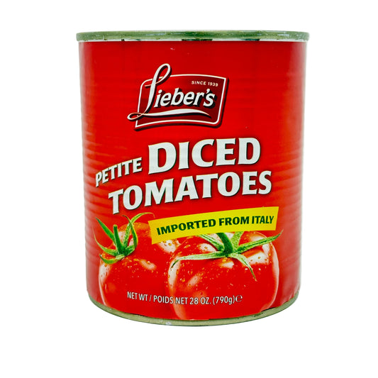 Can of Lieber's Petite Diced Tomatoes on a white background