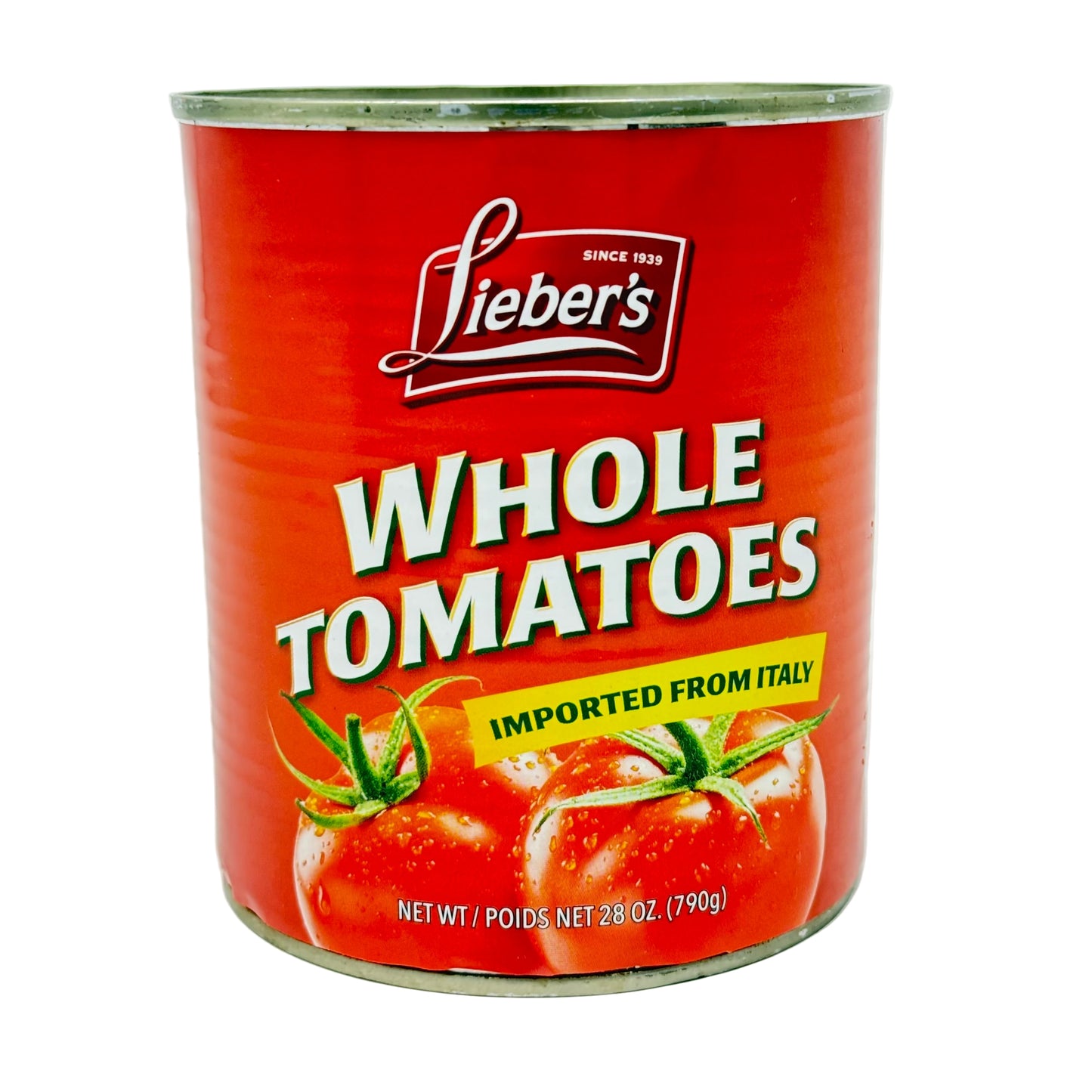 Can of Lieber's whole tomatoes on a white background