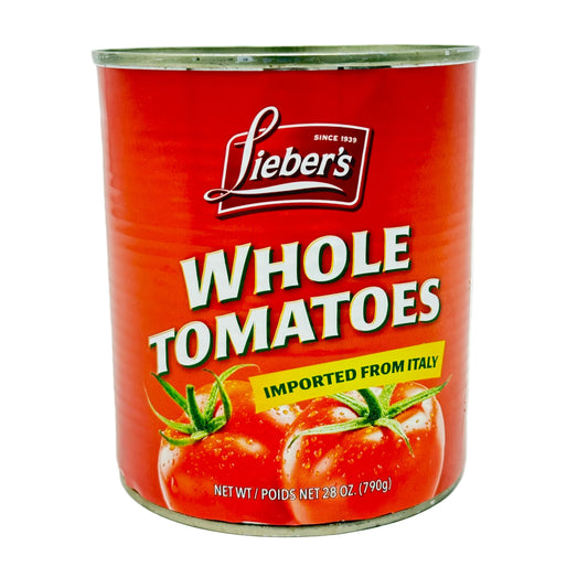 Can of Lieber's whole tomatoes on a white background