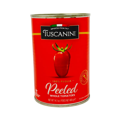 Tuscanini brand can of peeled whole tomatoes on a white background