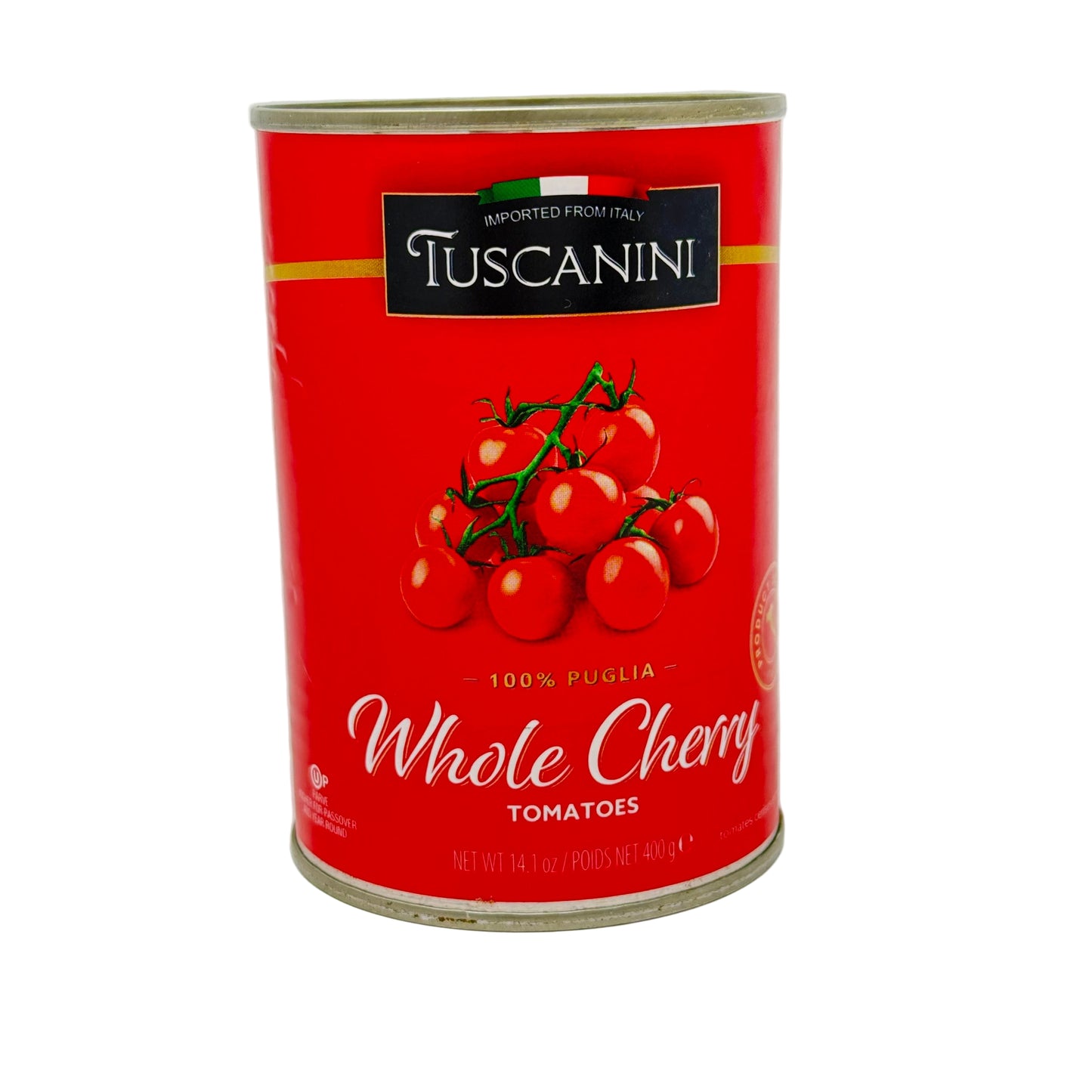 Tuscanini whole cherry tomatoes can on a white background