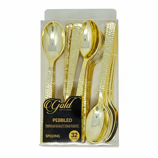 Gold plastic spoons in packaging with 'Gold Settings' branding on a white background