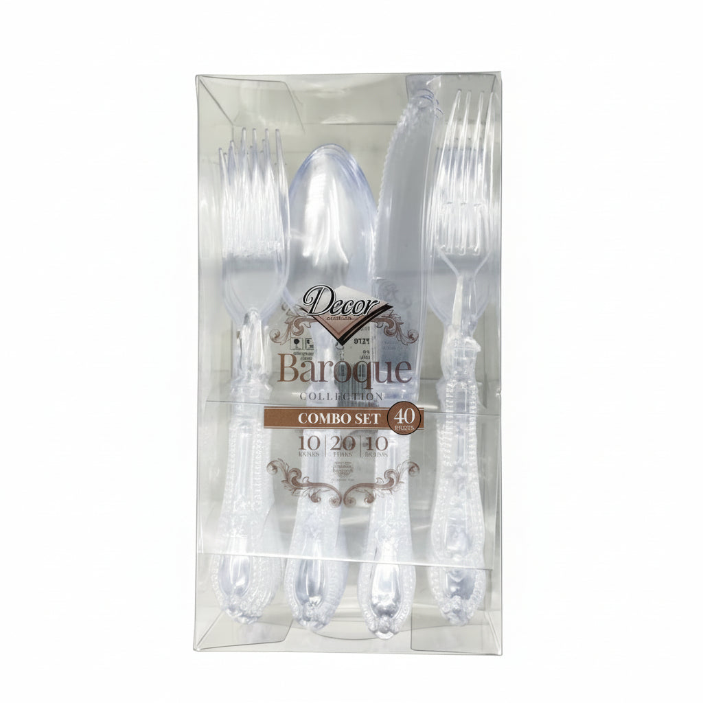 Packaged set of plastic cutlery with 'Decor Baroque' branding on a white background