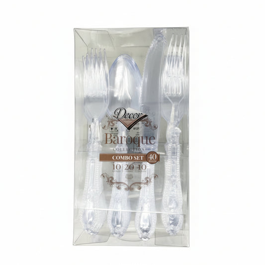 Packaged set of plastic cutlery with 'Decor Baroque' branding on a white background