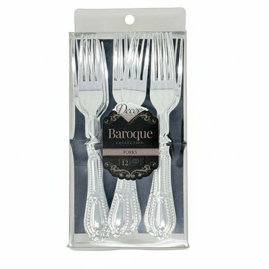 Packaged set of decorative plastic forks with 'Decor Baroque Collection' label.