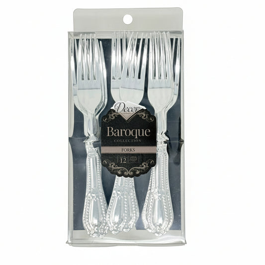 Packaged set of decorative plastic forks with 'Decor Baroque Collection' label.