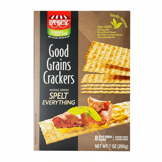 Box of Good Grains Crackers with a picture of a cracker on a sandwich.