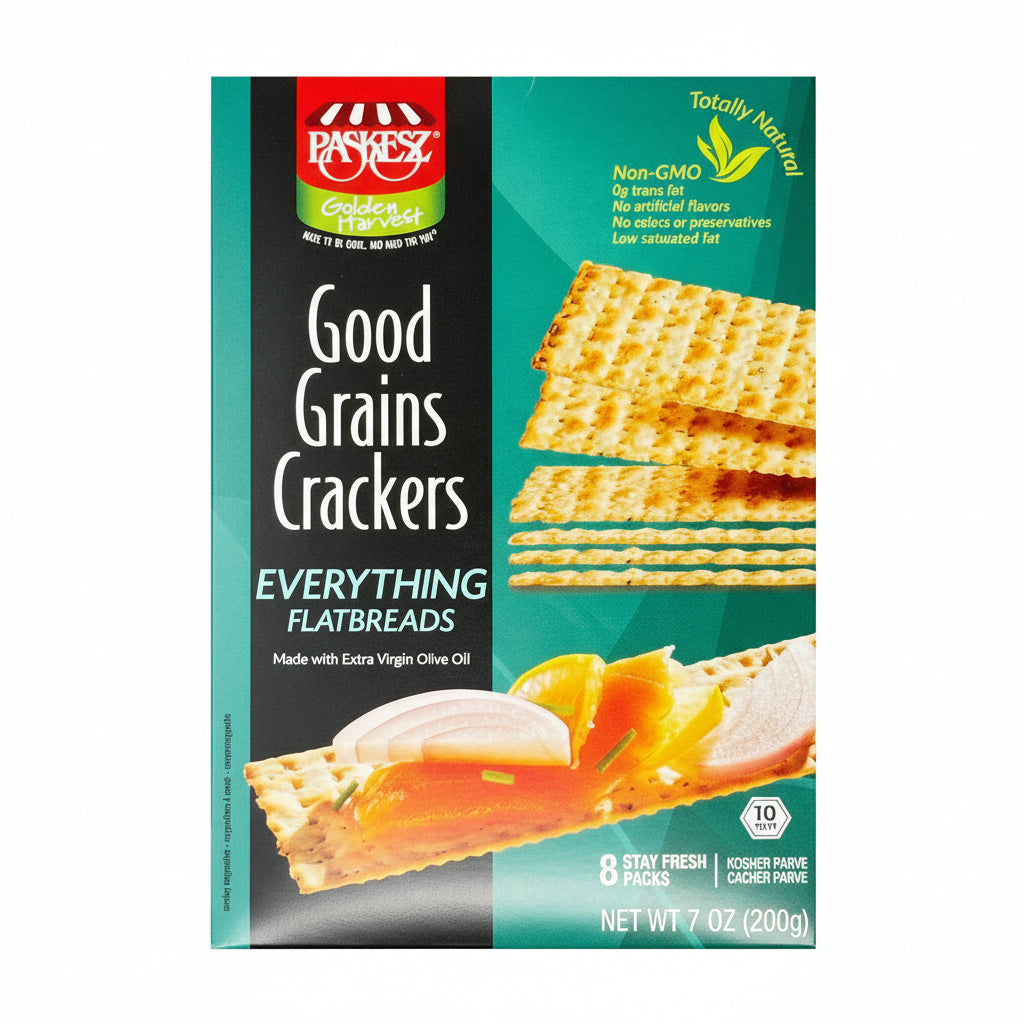 Box of Packets Good Grains Crackers on a white background
