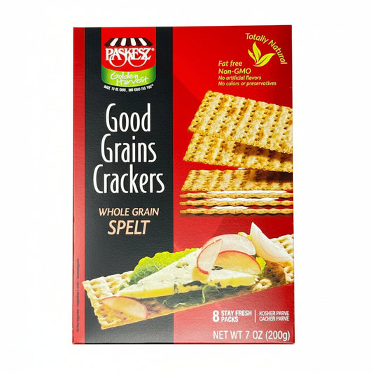 Box of Paskesz Good Grains Crackers with a red and black design on a white background