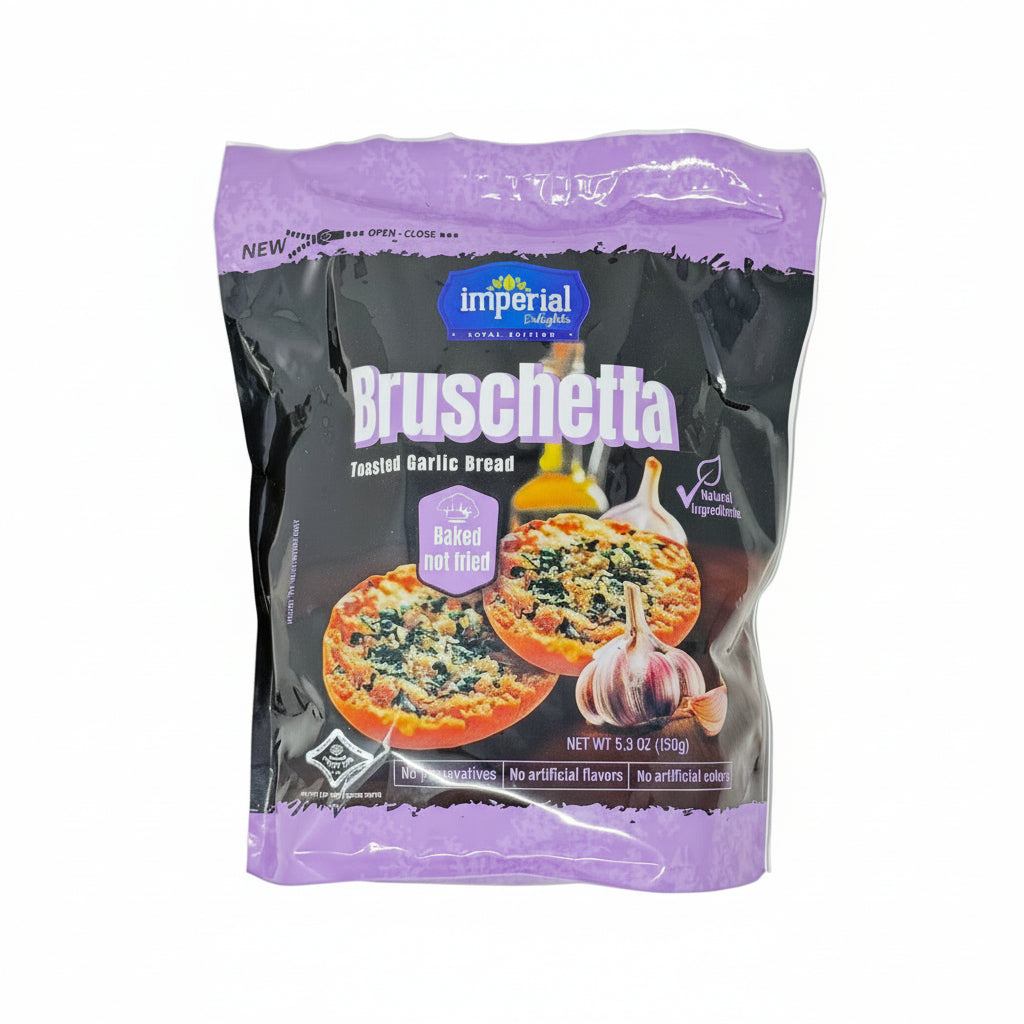 Imperial Bruschetta Toasted Garlic Bread packaging with purple and black design.