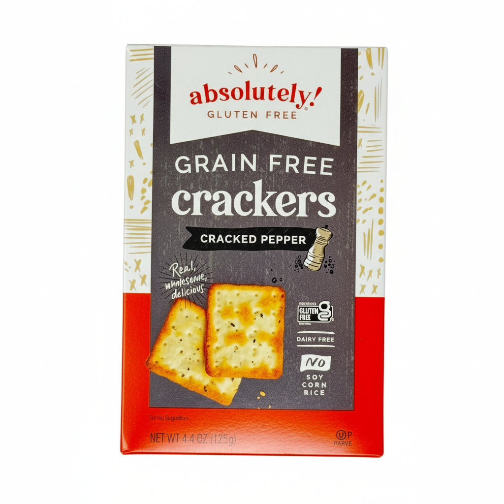 Box of Absolutely Gluten Free Cracked Pepper Grain Free Crackers on a light gray background