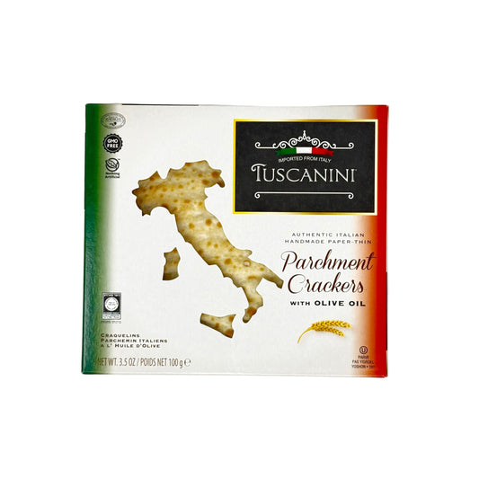 Box of Tuscanini Parchment Crackers with Olive Oil on a white background